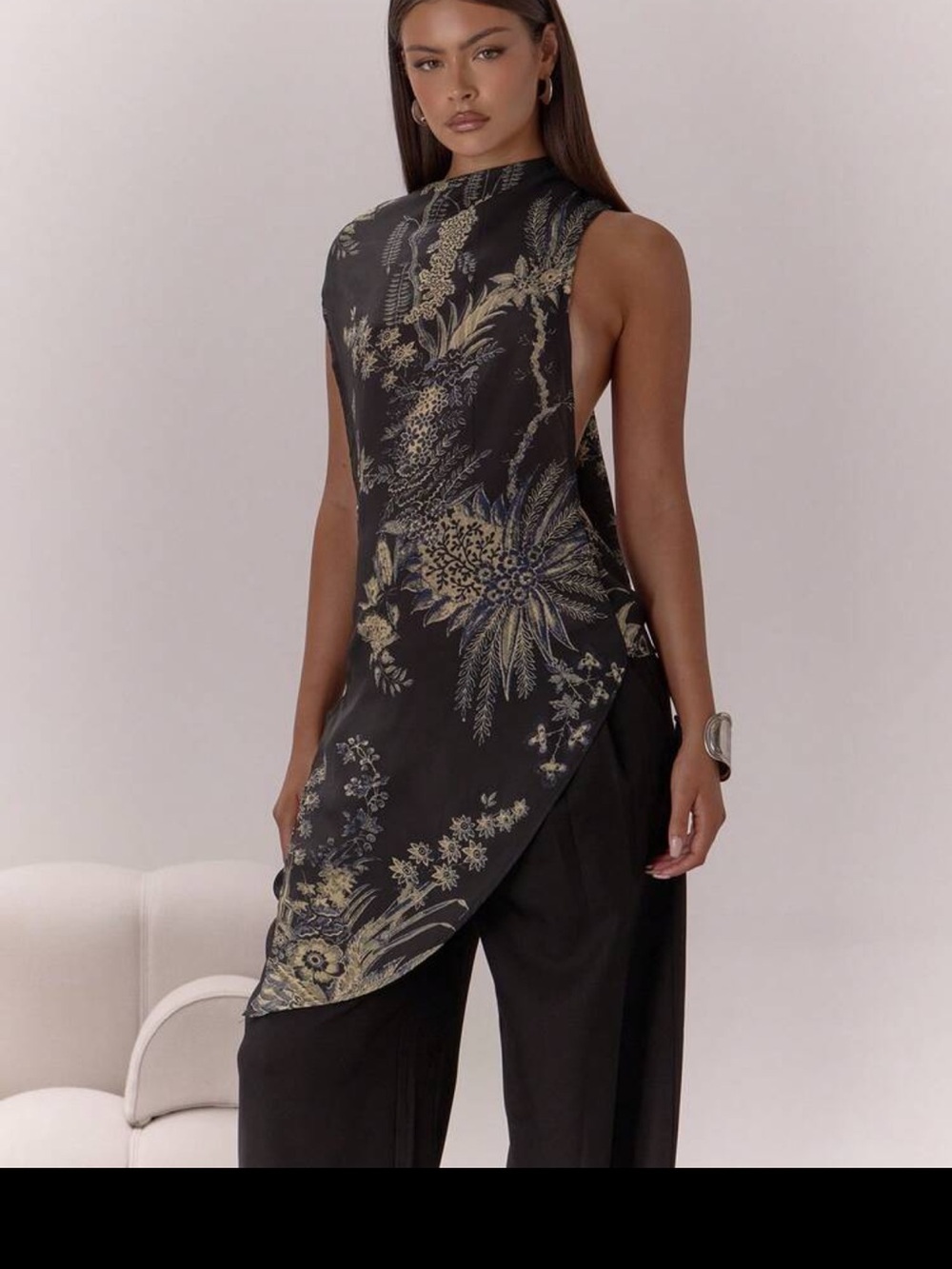 Muse Black Asymmetrical Floral Tunic with Gold & Blue Accents